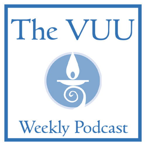The VUU Weekly Podcast in blue font on white background with CLF chalice logo in the middle